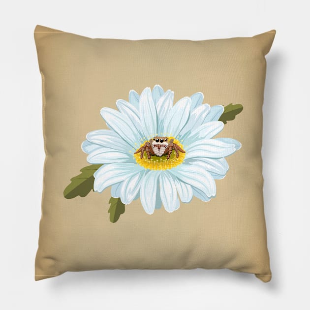 Jumping spider on the gerbera flower Pillow by Avisnanna