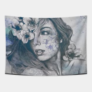 Mascara blue | woman face drawing with white flowers Tapestry