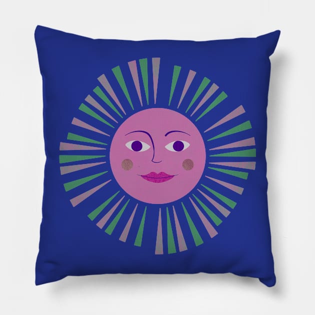 Sun with a face pink Pillow by LuckyJuniperCo