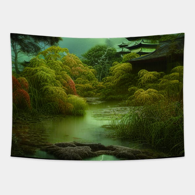 Digital Painting Of a Lush Wet Natural Scene On a Beautiful Chinese House on An Environment Jungle Tapestry by Promen Art