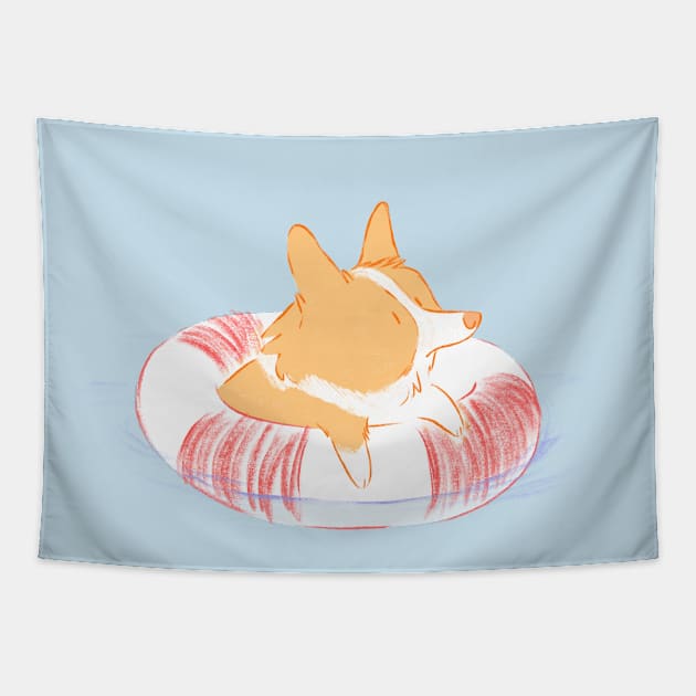 Corgi Pooltime Tapestry by EricaFeldArt