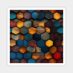 Geometric Timber: Crystalline Hexagons in Amber and Blue Magnet