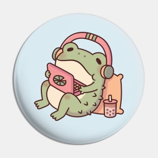 Cute Toad Chilling With Laptop and Boba Tea Pin