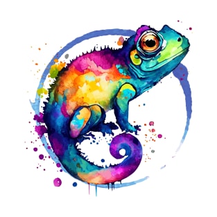 Colorful Chameleon Watercolor Splash Art Print - Blue T-Shirt