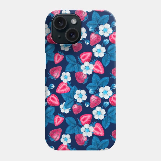 Pink strawberries on blue Phone Case by katerinamk