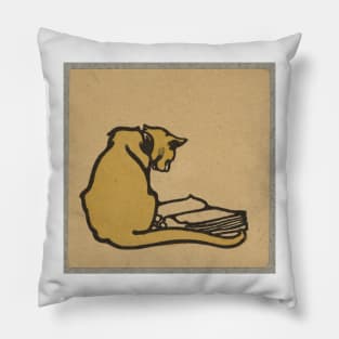 Cat Reading a Book. Vintage print proving the intelligence of cats. Pillow