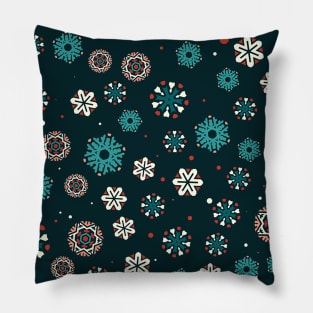 Bright Black Teal Blue Red and White Snowflakes Pattern Pillow