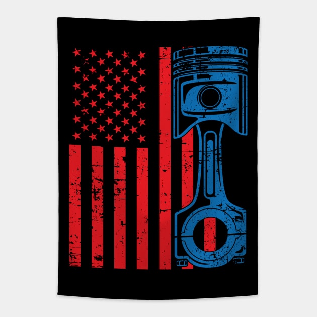 Patriotic American Flag Piston Muscle Car Vintage Distressed Tapestry by hobrath