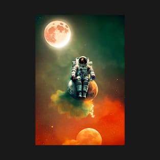 Astronaut sitting on a moon with red clouds in space with moons in the background T-Shirt