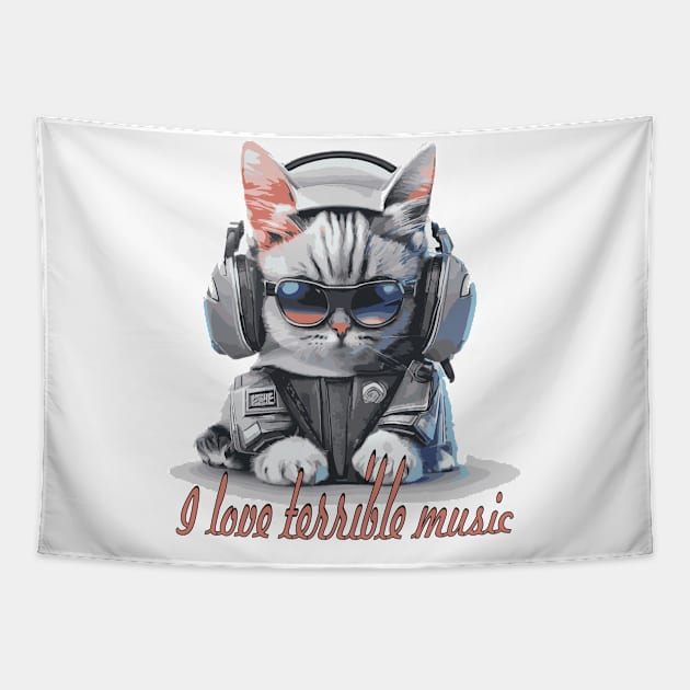 Crazy Cat Listening to Music Cartoon Tapestry by marklink