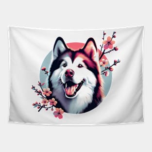 Joyful Alaskan Malamute Amidst Spring Cherry Blossoms Tapestry