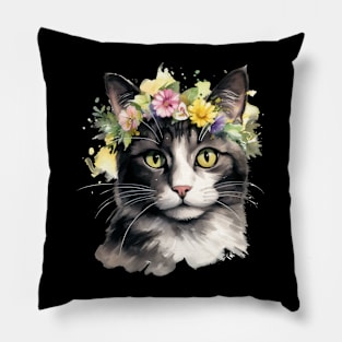 Domestic Shorthair Cat Flowers Water Color Cat Mom Mother's Day Gift Pillow