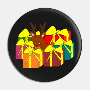 Cute reindeer hiding behind Christmas gifts Pin