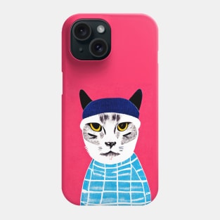 Blue Squares Hip Cat Retro Poster Vintage Art Kitty Wall Blue Pink Illustration Phone Case