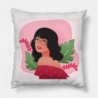 Girl with Wavy Hair and Glasses Pillow