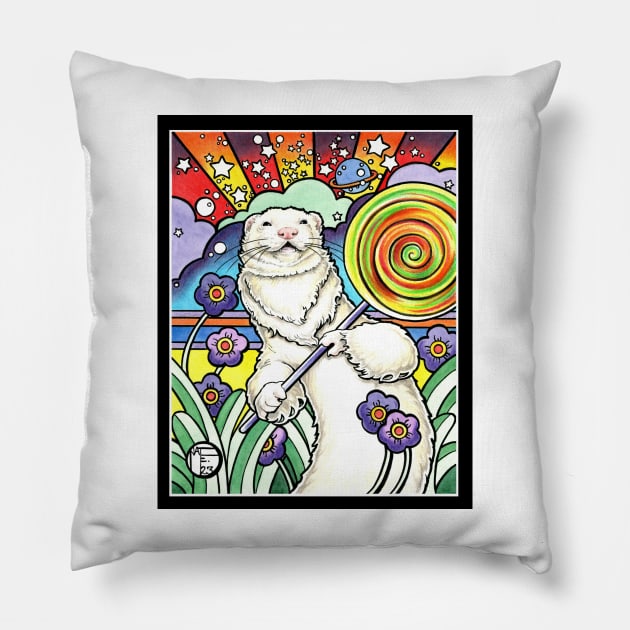 Cosmic Lollipop Ferret - Black Outlined Version Pillow by Nat Ewert Art