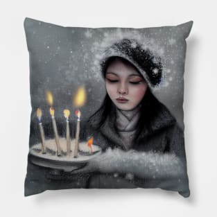 Woman Carrying Candles in a Snowy Day , Winter Mood Pillow