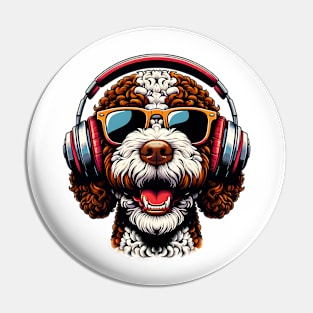 Lagotto Romagnolo Smiling DJ with Headphones and Sunglasses Pin