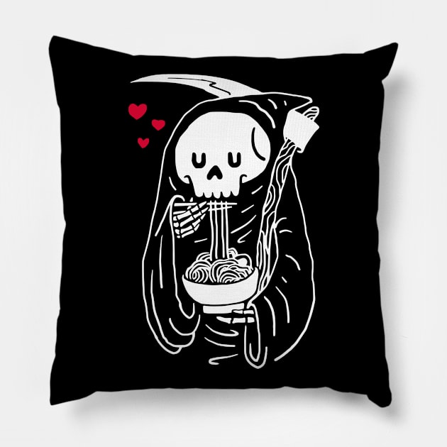 Death Slurps Noodles Pillow by machmigo