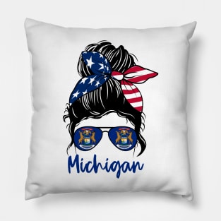 Michigan girl Messy bun , American Girl , Michigan Flag Pillow