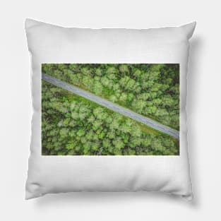 Empty road going diagonally through the forest top down aerial view Pillow