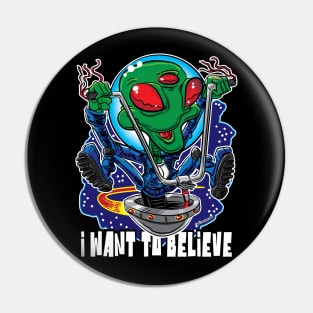 I Want to Believe Alien UFO with Handlebars Pin