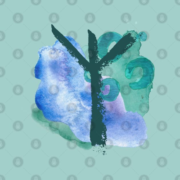 Rune Algiz On Blue Watercolor (Runes & Watercolors) by El Onix