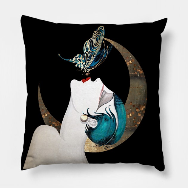 Butterfly Kiss Art Deco Woman Pillow by LittleBean