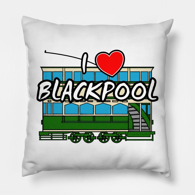 I Love Blackpool Vintage Tram Seaside Lancashire Pillow by doodlerob