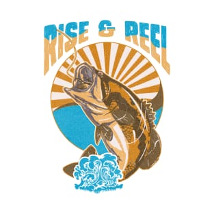 Rise & Reel Large Mouth Bass Lake Fishing Vintage Retro T-Shirt