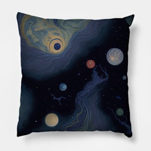 Japanese Nihonga Painting Planets Stars and Galaxies Pillow