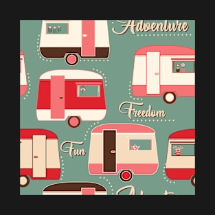 Repeat pattern of cute vintage caravans in retro colours pinks on teal T-Shirt