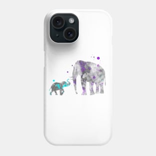 Mom and Baby Elephant Watercolor Painting Lilac Blue Phone Case