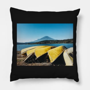 Mount Fuji - Yellow Canoes on Lake Yamanaka Shore (Japan) Pillow