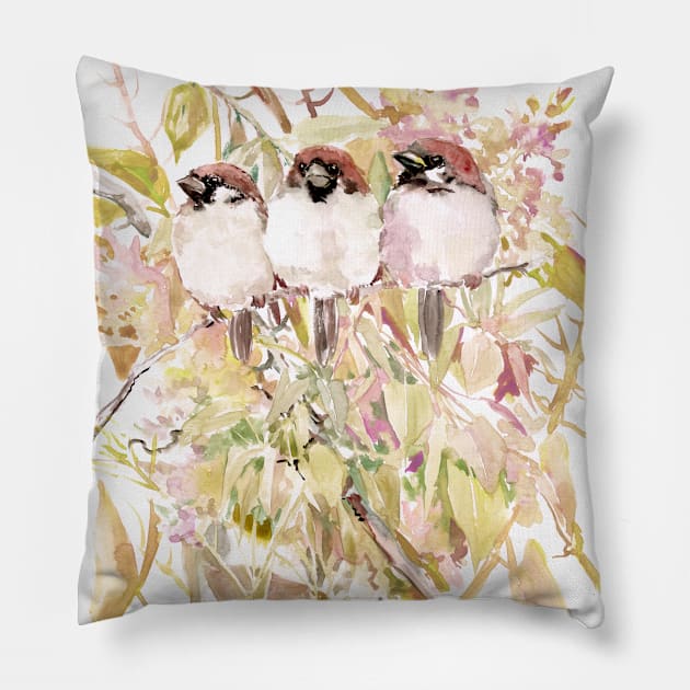 Three Sparrows in the Woods Pillow by surenart