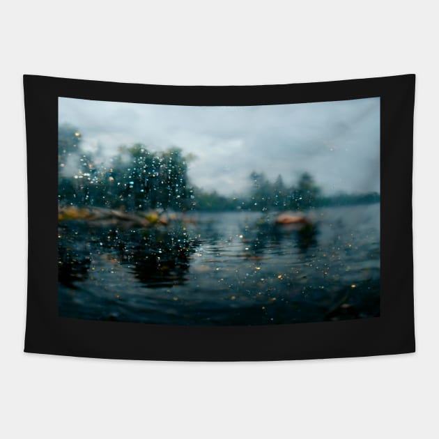 Foggy Lake Falling Raindrops On A Rainy Autumn Day Tapestry by Unwind-Art-Work