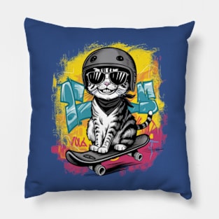 A unique and fun design featuring a stylish cat wearing a helmet and skateboarding. (2) Pillow