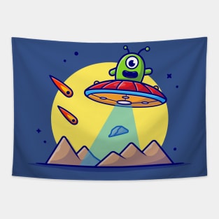 Cute Alien Flying on Planet with UFO and Meteorite Space Cartoon Vector Icon Illustration Tapestry