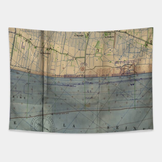 Vintage Utah Beach D-Day Invasion Map (1944) Tapestry by Bravuramedia