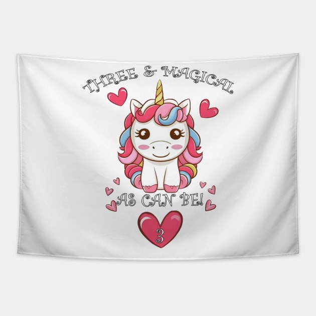 Kids 3 Year Old Cute Unicorn Birthday Tapestry by tamdevo1