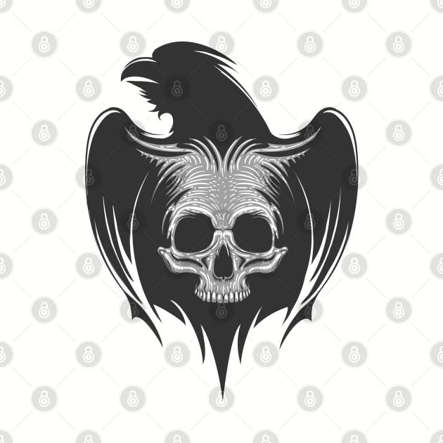 Silhouette of raven with human skull Tattoo. Emblem of death and witchery.Mythological symbol. by devaleta