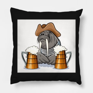 Humorous illustration of walrus with mugs full of beer. Pillow