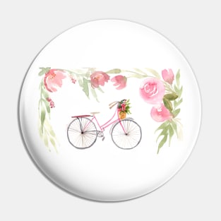 Watercolor bicycle with floral basket Pin