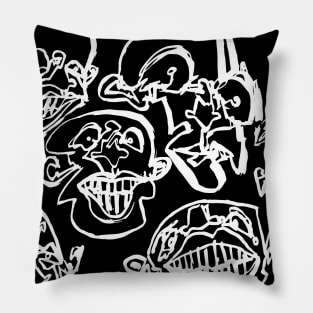 Multiple faces #2 - Psychedelic Line Ink Drawing with Art Style Black Pillow