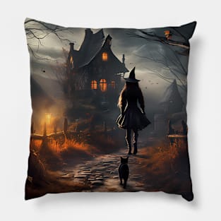 Young Witch Walking Home With A Black Cat Pillow