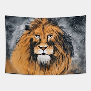 Wild lion grey black space and stars Tapestry