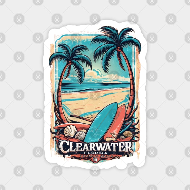 Clearwater Florida Tropical Beach Design – Palm Trees, Surfboards & Coastal Art Magnet by WarFX Designs