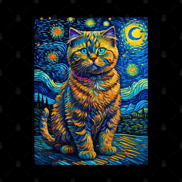 The Scottist Fold Cat in starry night by FUN GOGH