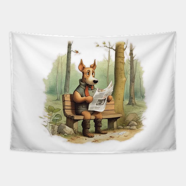 Dog sitting on a bench reading a newspaper Tapestry by JnS Merch Store