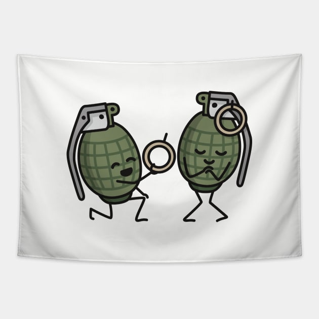 Hand grenade marriage proposal funny couples army Tapestry by LaundryFactory